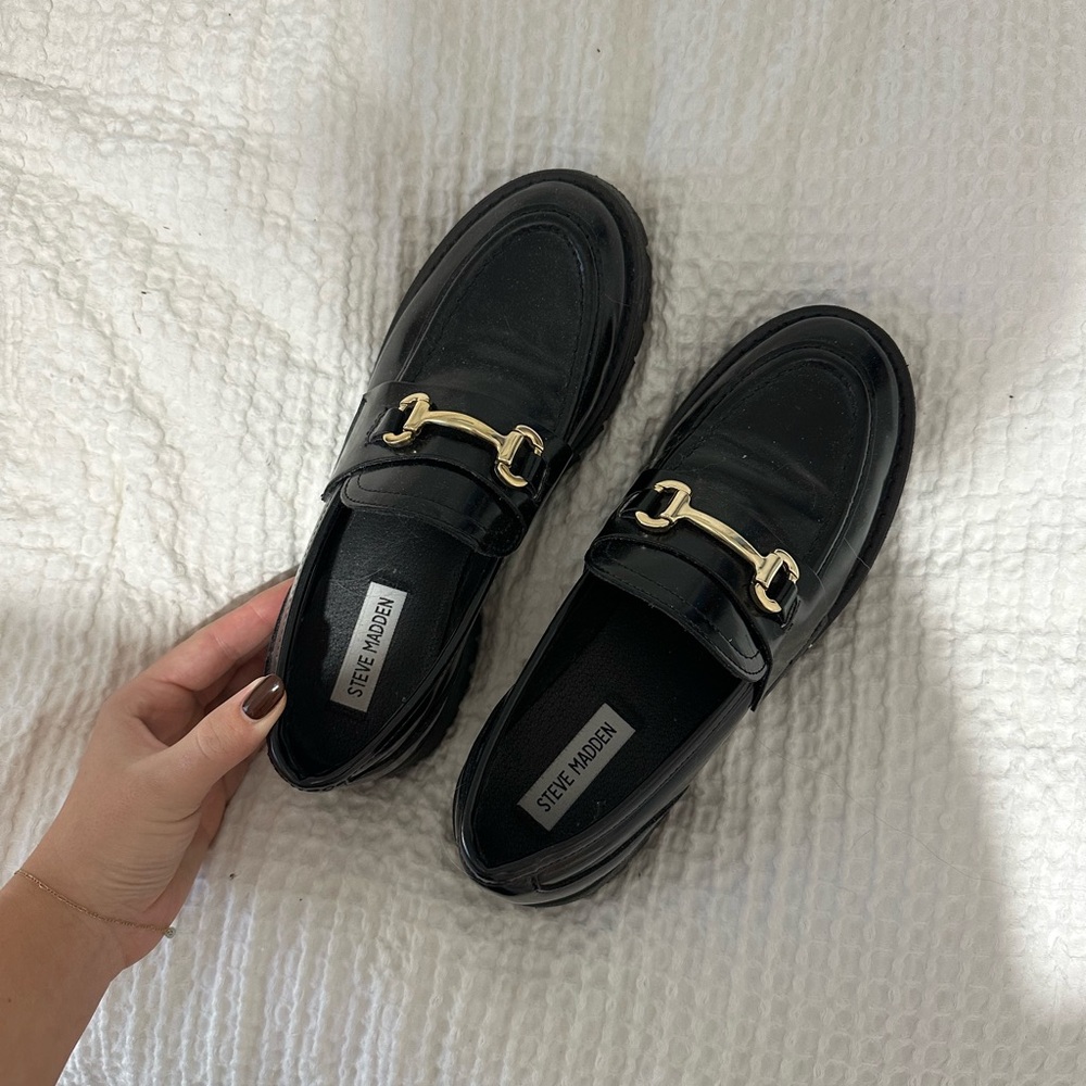 Steve Madden Black Flats with Gold Buckle